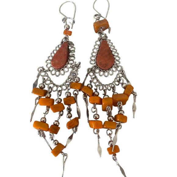 Peruvian orange stone handmade wire earrings carnelian boho tribal kinetic - Picture 4 of 5